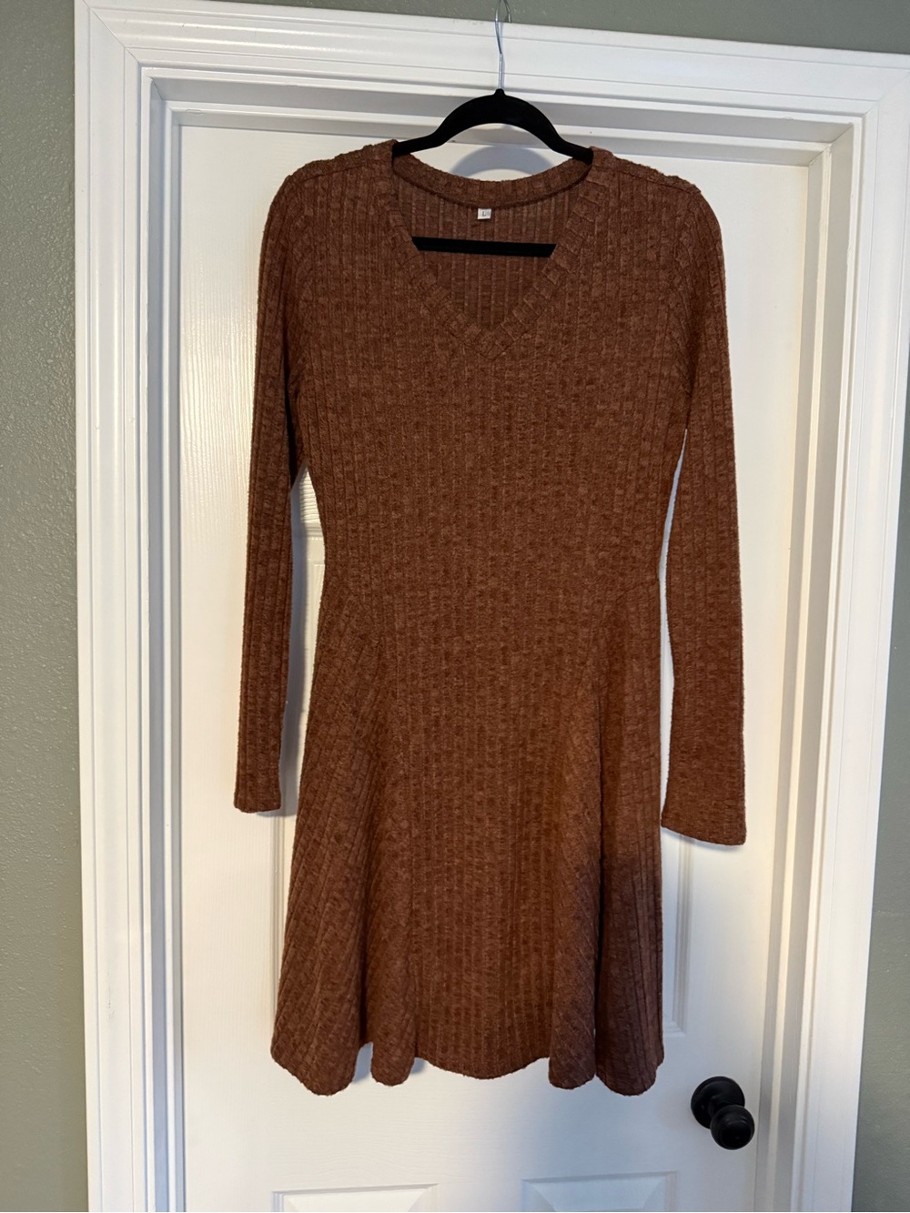 Ribbed V-Neck Long Sleeve Swing Dress in Brown